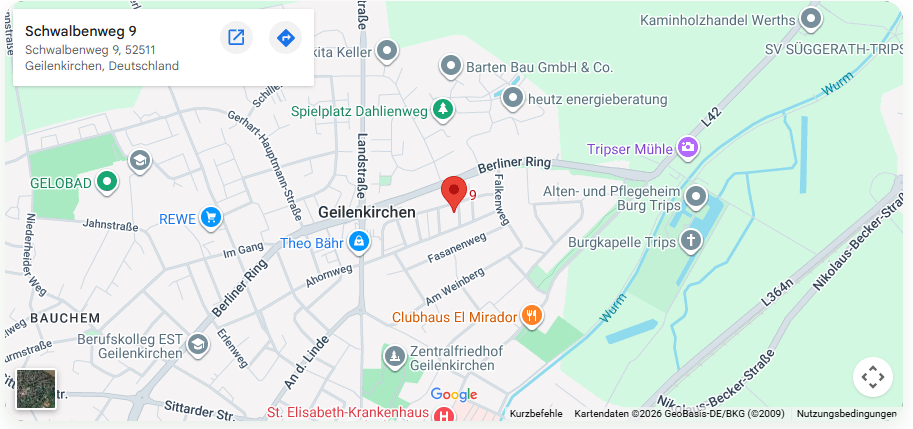 Kartenausschnitt: Lage der Zwergenwiese, Schwalbenweg 9, Geilenkirchen